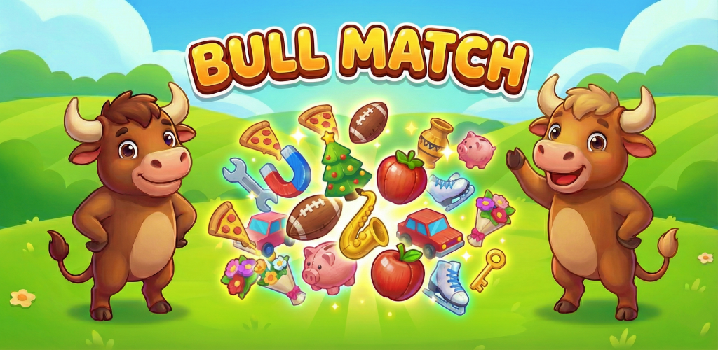Bull Match game featuring two bull characters and matching objects